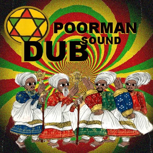 Poorman Dub Sound logo artwork: the name over a red, gold and green swirl, a gold star disc, and four robed figures with staffs
