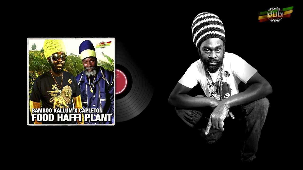 Video still: the Food Haffi Plant single cover on a record beside a black-and-white portrait of a crouching man in a striped hat